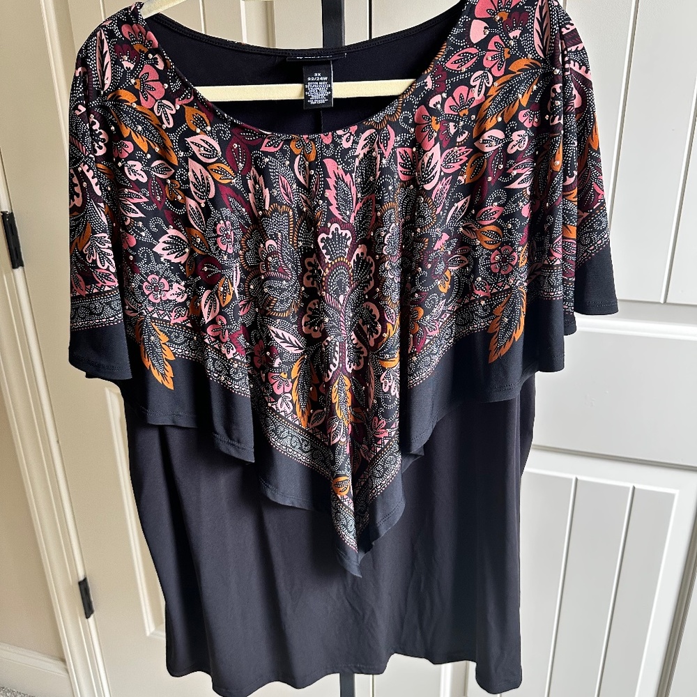 Catherines Plus Size Black/Pink/Rust Bejeweled Cape Sleeve Tunic 2X